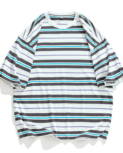 Men's Retro Contrast Color Striped Loose All-match Short Sleeve