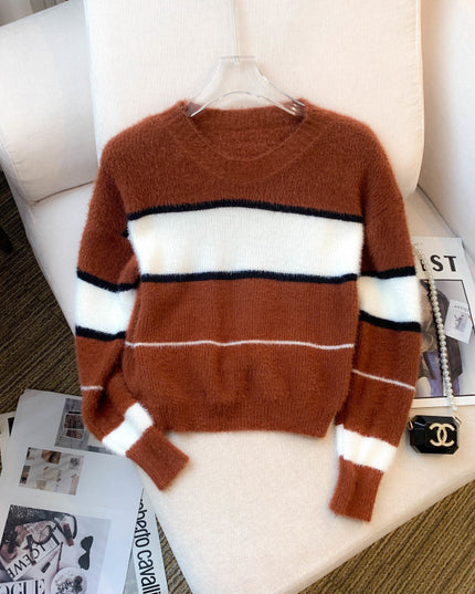 Mera Sweater Korean Casual Loose Contrast Color Striped Short Style