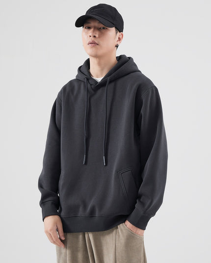 Spring And Autumn Velvet Padded Hooded Sweatshirt Men's Solid Color Pullover Hoodie Jacket
