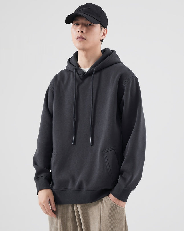 Spring And Autumn Velvet Padded Hooded Sweatshirt Men's Solid Color Pullover Hoodie Jacket