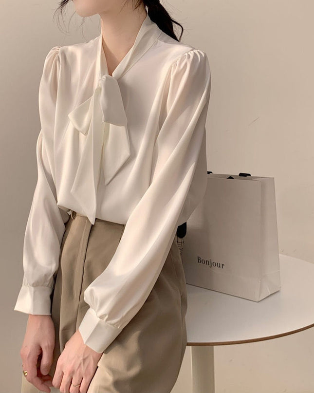 Lace-up Bow Business Wear Solid Color Bottoming Long Sleeve Shirt