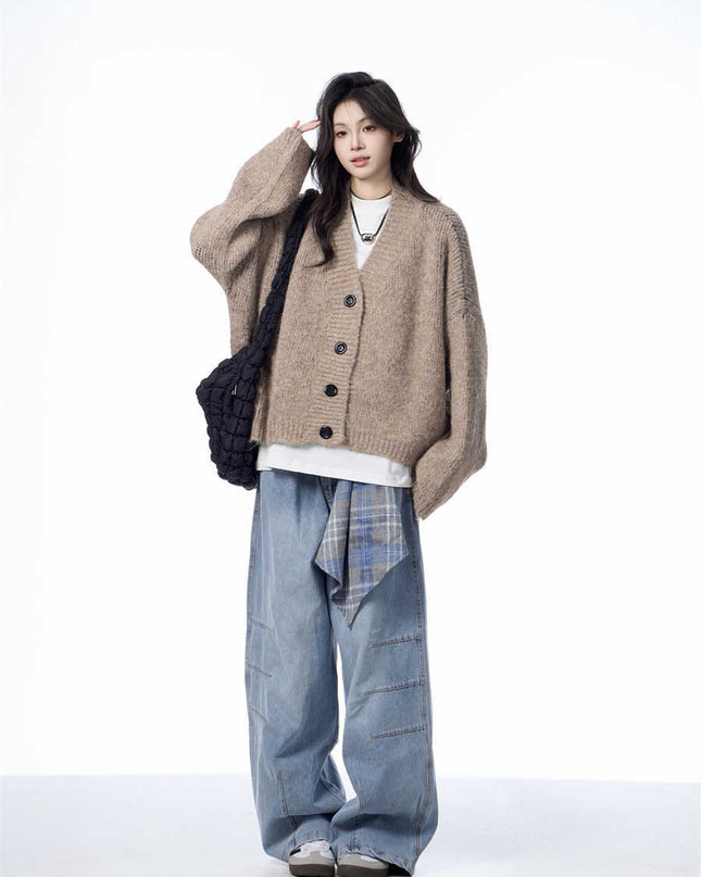 V-neck Knitted Cardigan Coat Women's Idle Style Loose Sweater