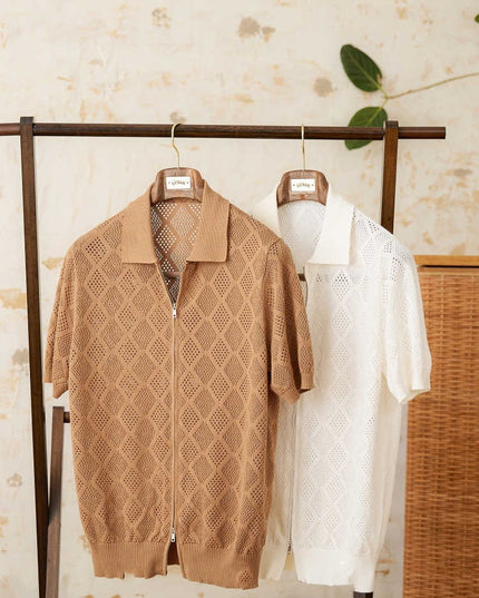 Cotton Zipper Hollow Short Sleeve Lapel Cardigan Casual Top