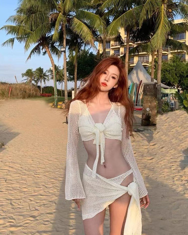 Long-sleeved Knitted Swimsuit Sexy Pure Desire Style Small Chest Push Up Holiday