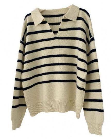 Retro Lazy Style Contrast Color Striped Collar Knitted Sweater