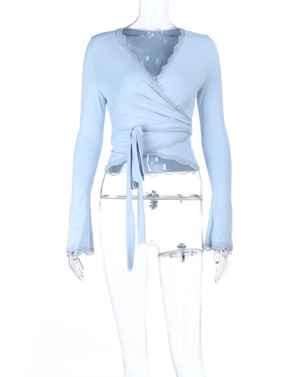 European And American Style Lace V-neck Lace Up Long Sleeve