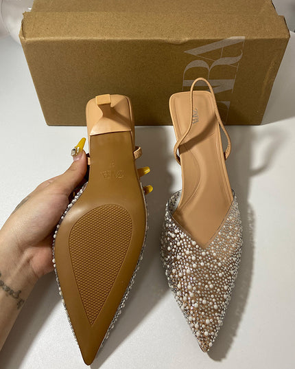Women's Fashion Pointed Stiletto Heel Decorated Pearls Back Strap Sandals