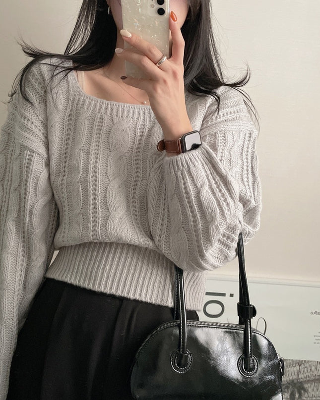 Cable-knit Sweater Lantern Sleeve Solid Color Square Collar Pullover Sweater