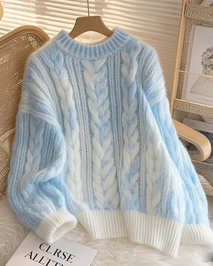 Blue Soft Glutinous Lazy High-grade Pullover Cable-knit Sweater