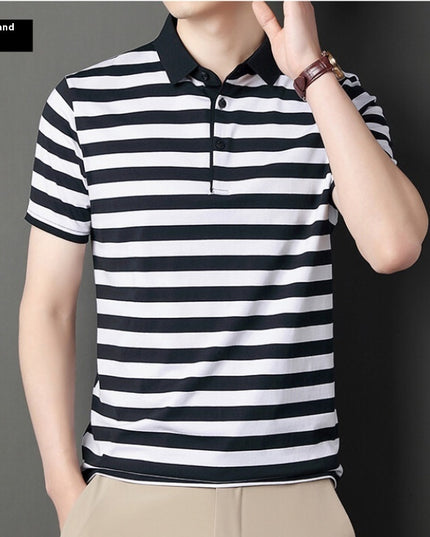 Summer Short-sleeved T-shirt Men's Cotton Ice Silk Polo Collar Stripes Youth Undershirt