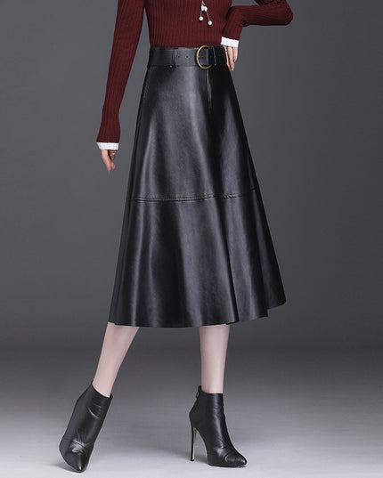 Leather Skirt Female A- Line High Waist Pleated Umbrella Skirt