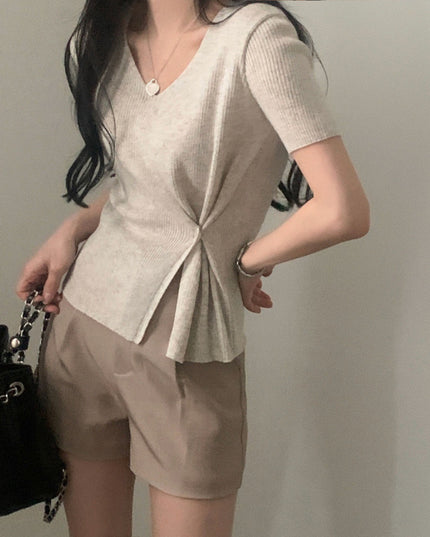 Summer Elegant V-neck Split Waist Fitted Short-sleeved Sweater