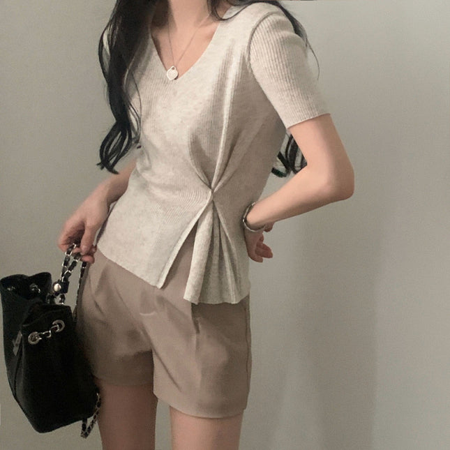 Summer Elegant V-neck Split Waist Fitted Short-sleeved Sweater