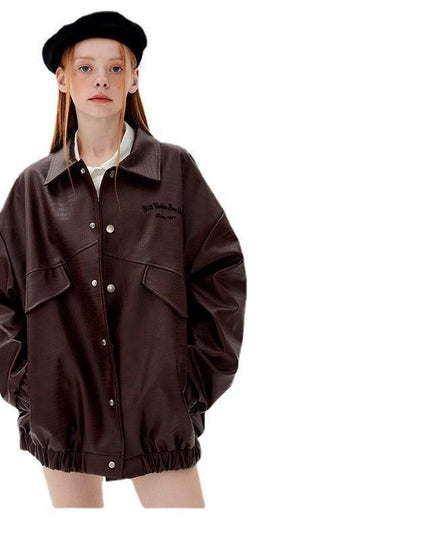 Leather Jacket Lapel Loose Retro Top