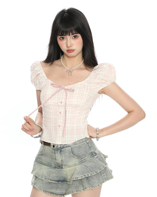 Women's Puff Sleeve Bow Bandage Short-sleeved T-shirt