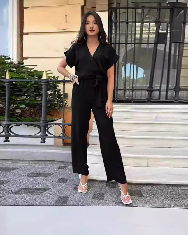 Women's Short-sleeved V-neck Pocket Jumpsuit