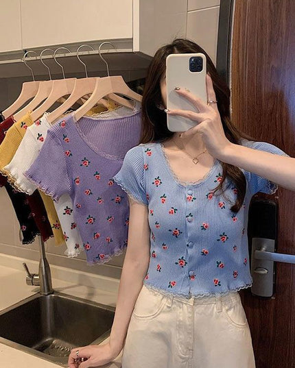 Age-reducing Floral Knitted Bottoming Shirt Short Sleeve