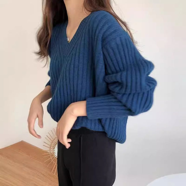 Retro V-neck Pullover Women's Loose Sweater