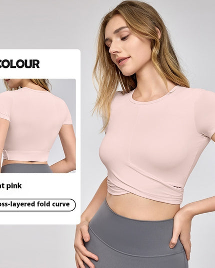 Cross Pleated Yoga Clothing Top Workout Clothes Short Sleeve