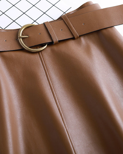 Leather Skirt Female A- Line High Waist Pleated Umbrella Skirt
