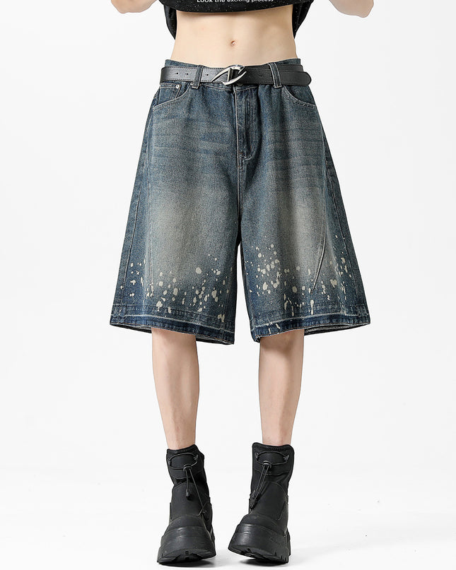 Retro Washed Ripped Splash Ink Five Points Denim Men's Shorts