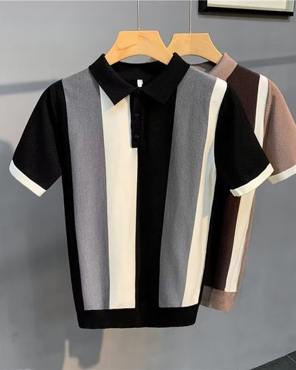 Short Sleeve Men's Vintage Stripe Personality Zipper Half Sleeve