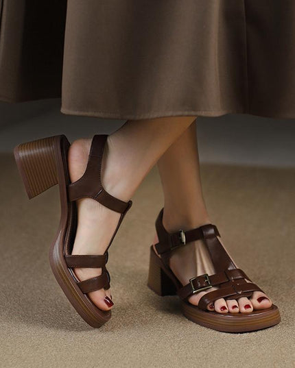 Women's T-buckle Open Toe Platform All-matching Chunky Heel Retro High Heel Sandals