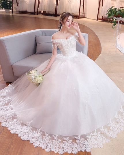 Shoulder-to-shoulder Wedding Dress Bridal Lace Plus Size Thin Shoulder Wedding Dress