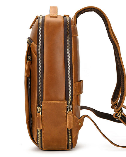 Double Zipper Main Bag Genuine Leather Large Capacity Crazy Horse Leather Outdoor Travel Leisure Backpack