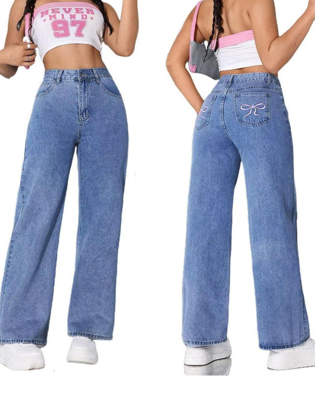 Vintage Bow Embroidered Washed Jeans For Women Straight Loose Trousers
