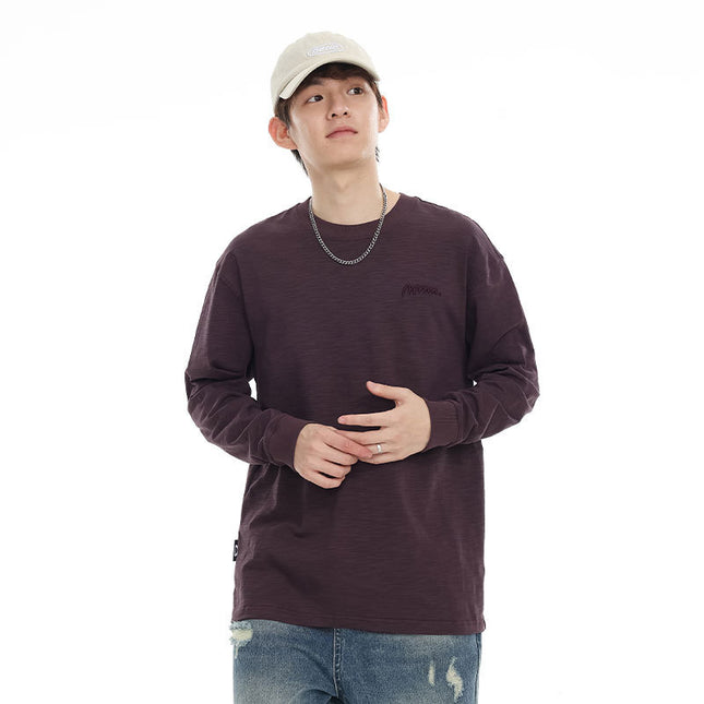 Pure Color Slub Cotton Long Sleeve T-shirt Simple Embroidered Crew Neck Cotton Base Shirt