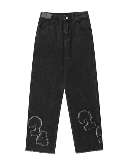 Men's Digital Cat Beard Affixed Cloth Embroidered Washed Jeans