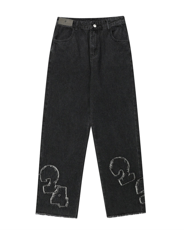 Men's Digital Cat Beard Affixed Cloth Embroidered Washed Jeans