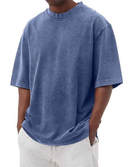 Men's Washed Fried Color Distressed Solid Color Pullover Short T-shirt