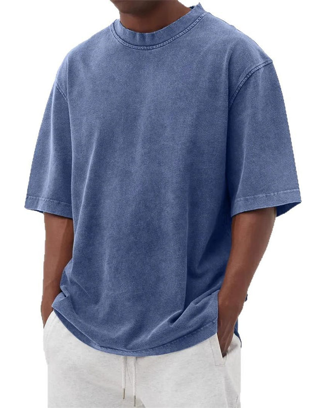 Men's Washed Fried Color Distressed Solid Color Pullover Short T-shirt