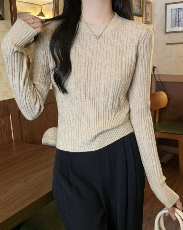 Korean Style Sunken Stripe Round Neck Long Sleeve Sweater