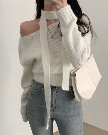 Women's Off-shoulder Long-sleeved Sweater Temperament Wild