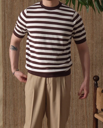 Striped Navy-striped Shirt Breathable Tencel Cotton Round Neck Short Sleeve T-shirt