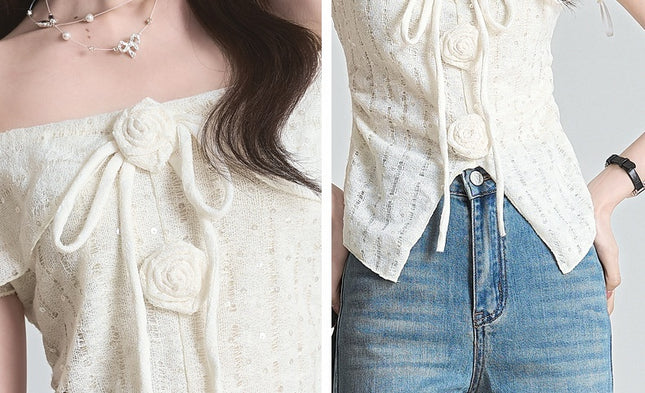 French Style Three-dimensional Flower Strap Short Sleeve
