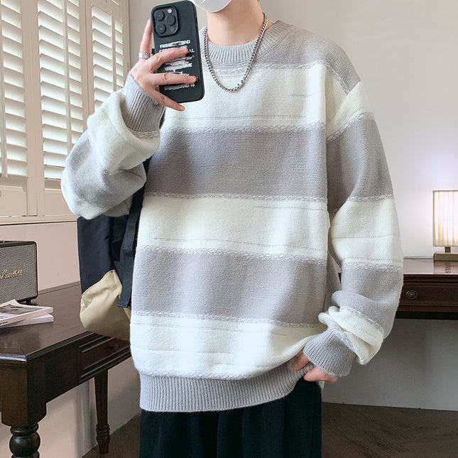 Men’s Striped Loose Fit Sweater – Casual Round Neck Knit Pullover