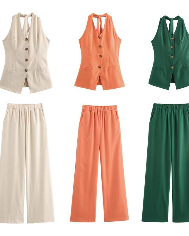 Classic Style Cotton And Linen Halterneck Vest Suit Women's Summer High-grade Trousers