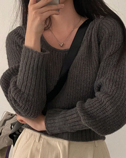 Square-neck Cinched Slimming Pure Color All-matching Fashionable Sweater Women