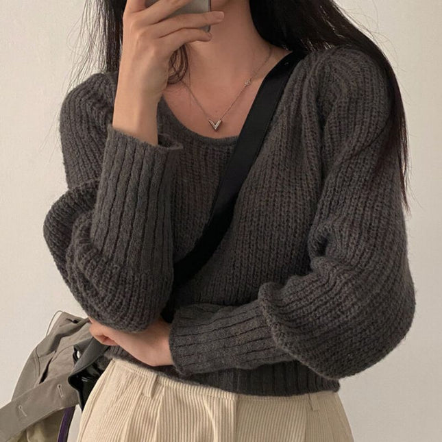 Square-neck Cinched Slimming Pure Color All-matching Fashionable Sweater Women