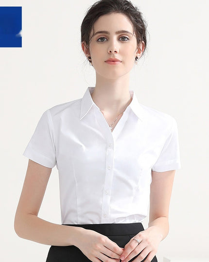 Women's White Short-sleeved Shirt V-neck Working Clothes