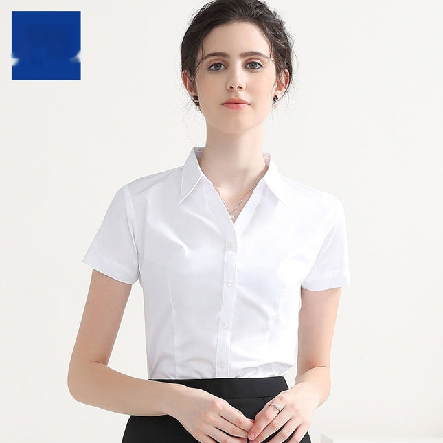 Women's White Short-sleeved Shirt V-neck Working Clothes