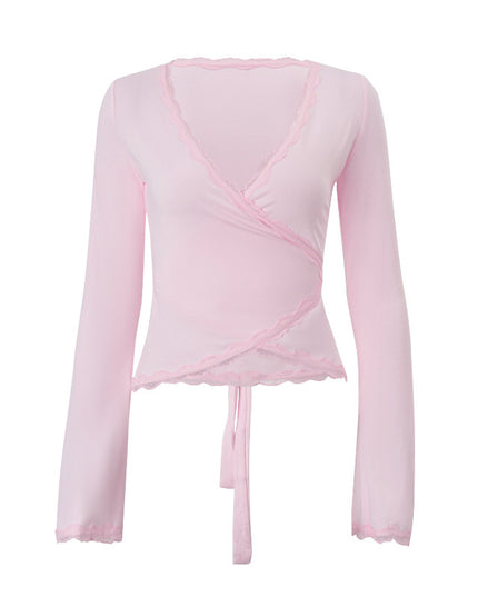 European And American V-neck Slim Lace Tied Long Sleeves Top