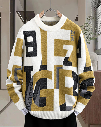 Men's Letter Jacquard Round Neck Loose Casual Sweater