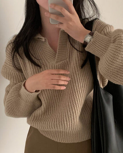 Women's V-neck Lapel Long-sleeved Sweater Slim Fit Slimming Sweater