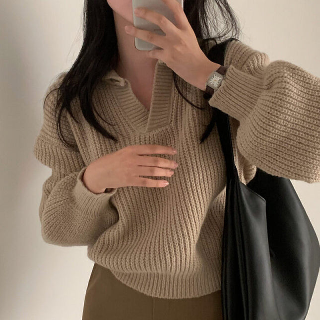 Women's V-neck Lapel Long-sleeved Sweater Slim Fit Slimming Sweater