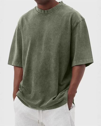 Men's Washed Fried Color Distressed Solid Color Pullover Short T-shirt